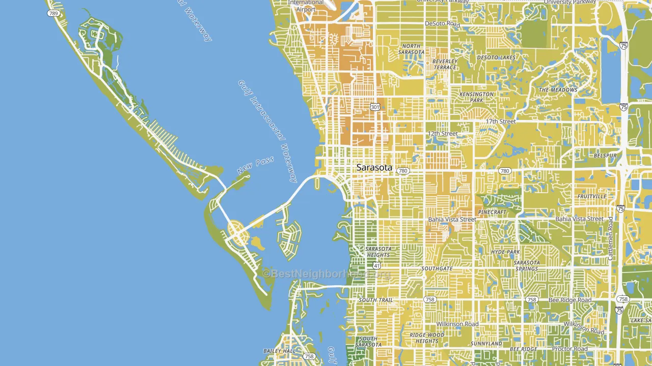 Map of the best neighborhoods in the 34236 area, with better matches in green and worse matches in red