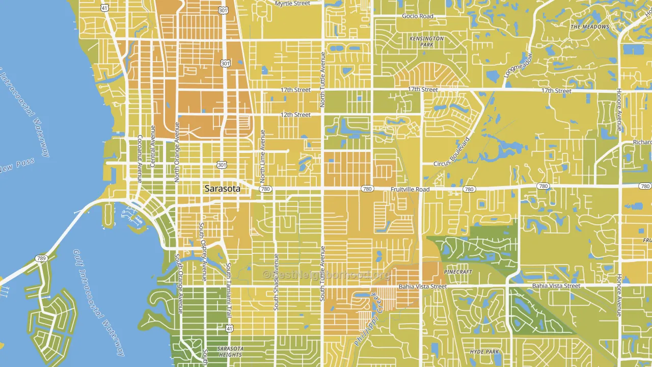 Map of the best neighborhoods in the 34237 area, with better matches in green and worse matches in red