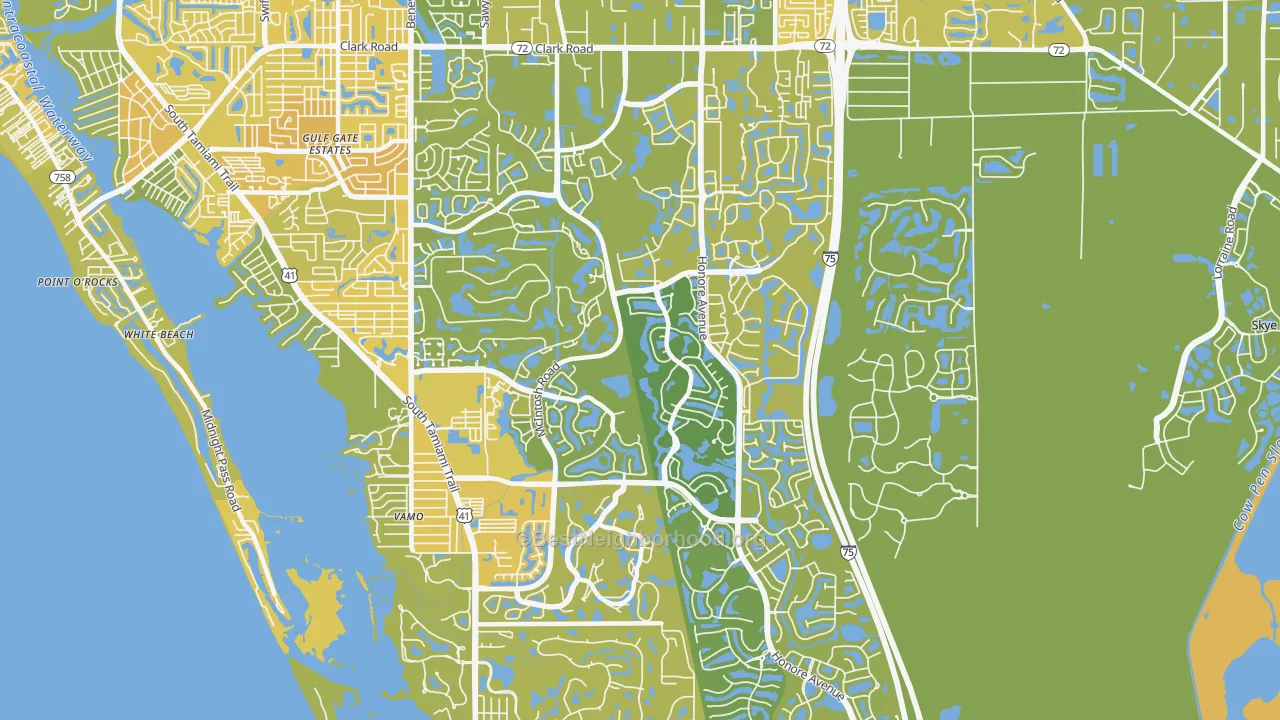 Map of the best neighborhoods in the 34238 area, with better matches in green and worse matches in red
