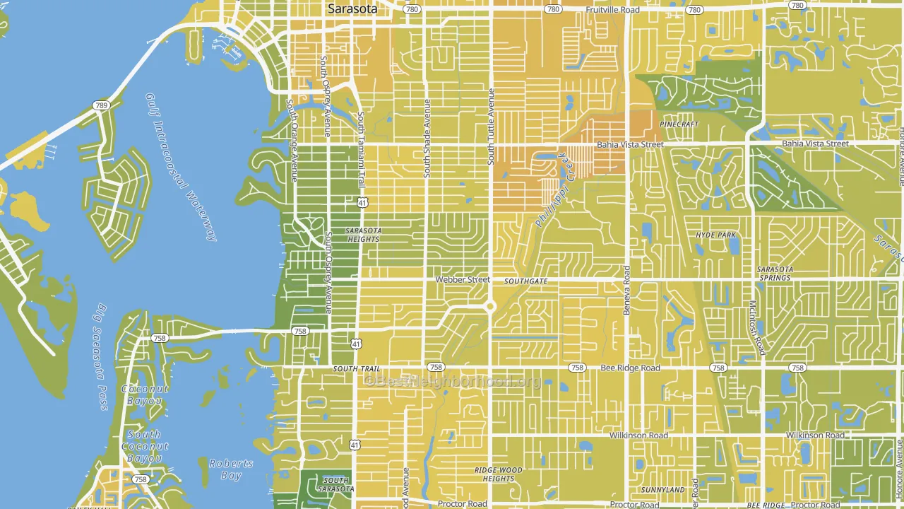 Map of the best neighborhoods in the 34239 area, with better matches in green and worse matches in red