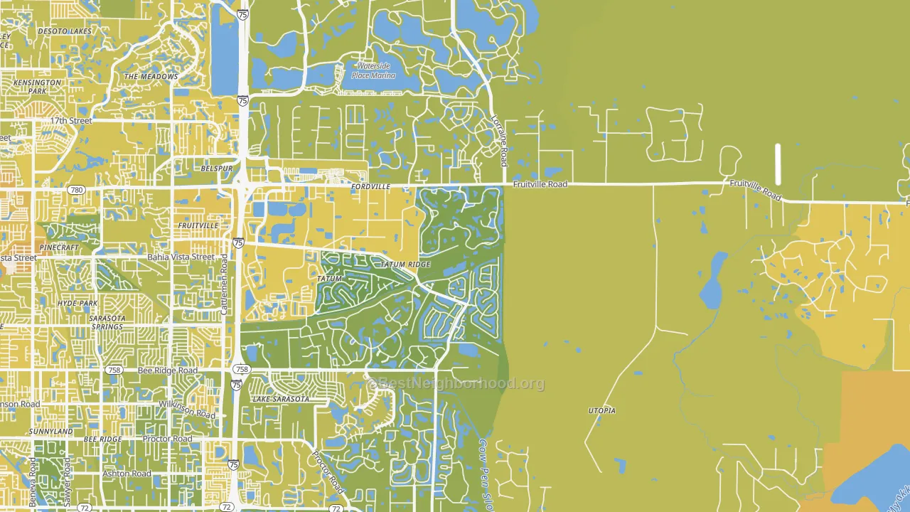 Map of the best neighborhoods in the 34240 area, with better matches in green and worse matches in red