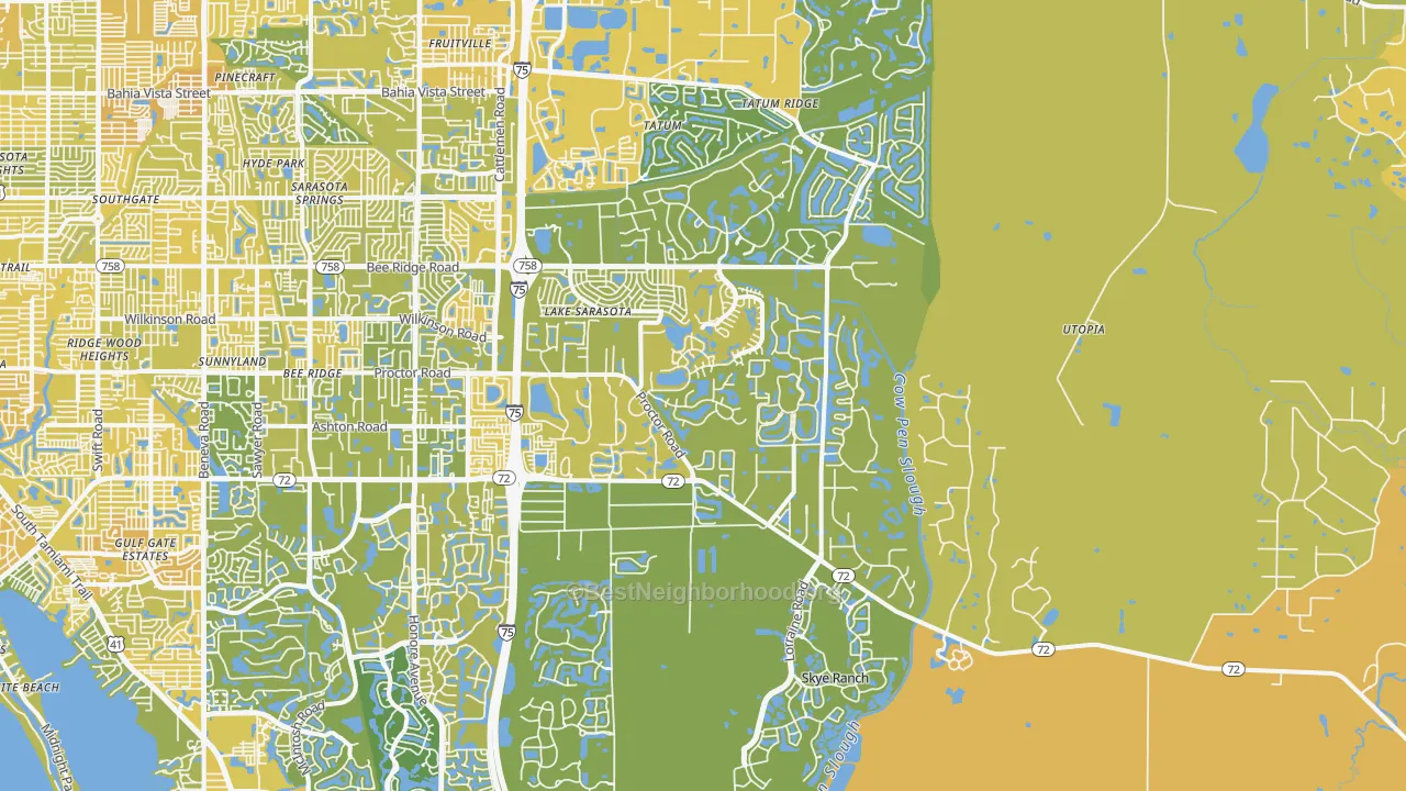 Map of the best neighborhoods in the 34241 area, with better matches in green and worse matches in red