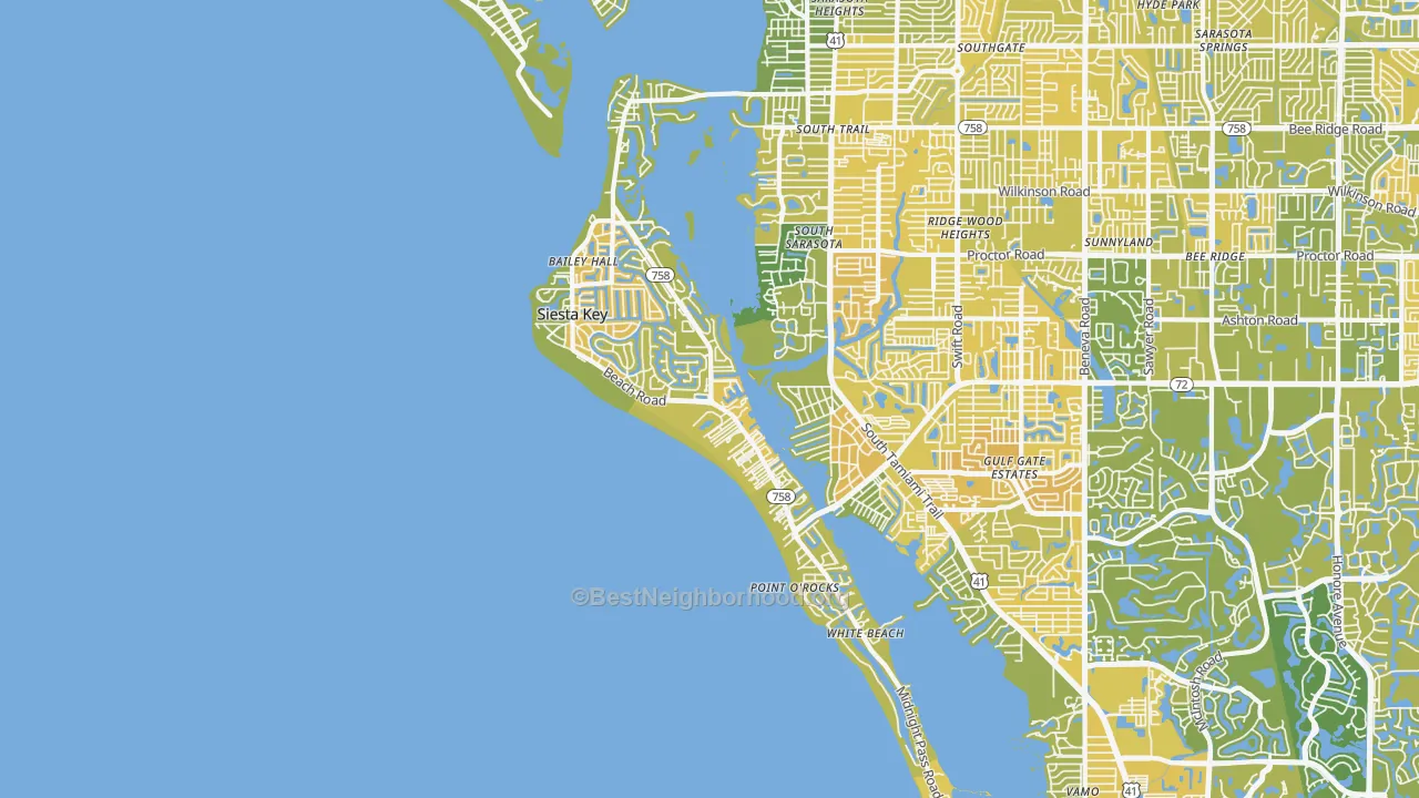 Map of the best neighborhoods in the 34242 area, with better matches in green and worse matches in red