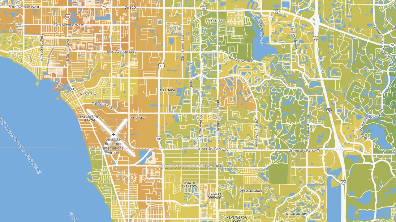 Map of the best neighborhoods in the 34243 area, with better matches in green and worse matches in red