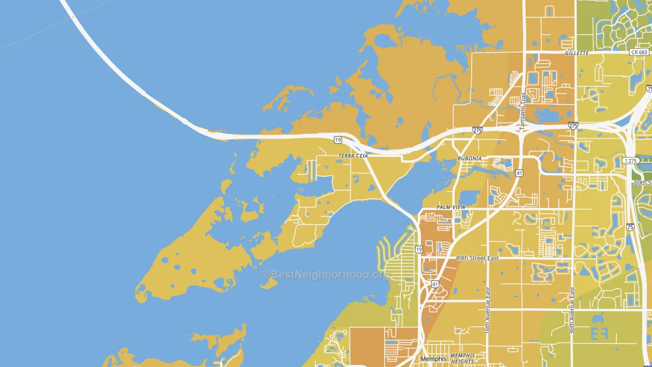 Map of the best neighborhoods in the 34250 area, with better matches in green and worse matches in red
