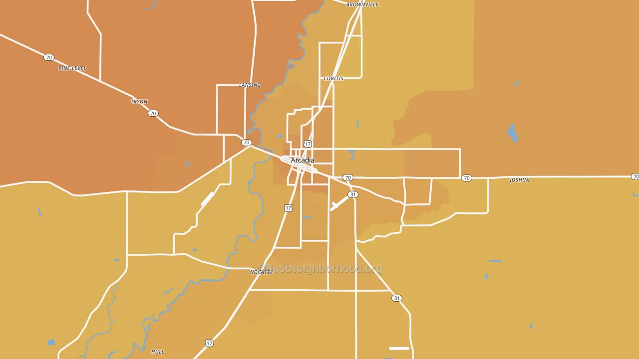 Map of the best neighborhoods in the 34266 area, with better matches in green and worse matches in red
