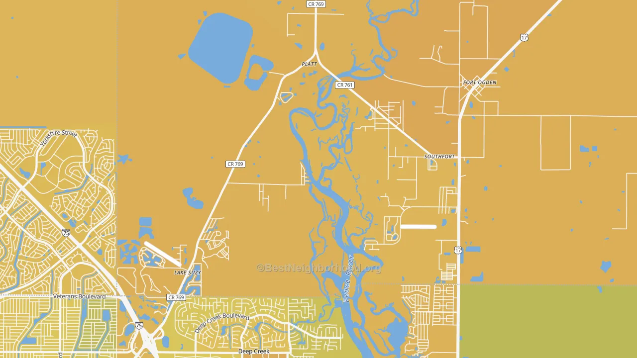 Map of the best neighborhoods in the 34269 area, with better matches in green and worse matches in red