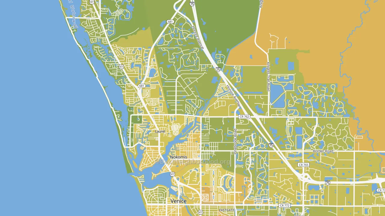 Map of the best neighborhoods in the 34275 area, with better matches in green and worse matches in red