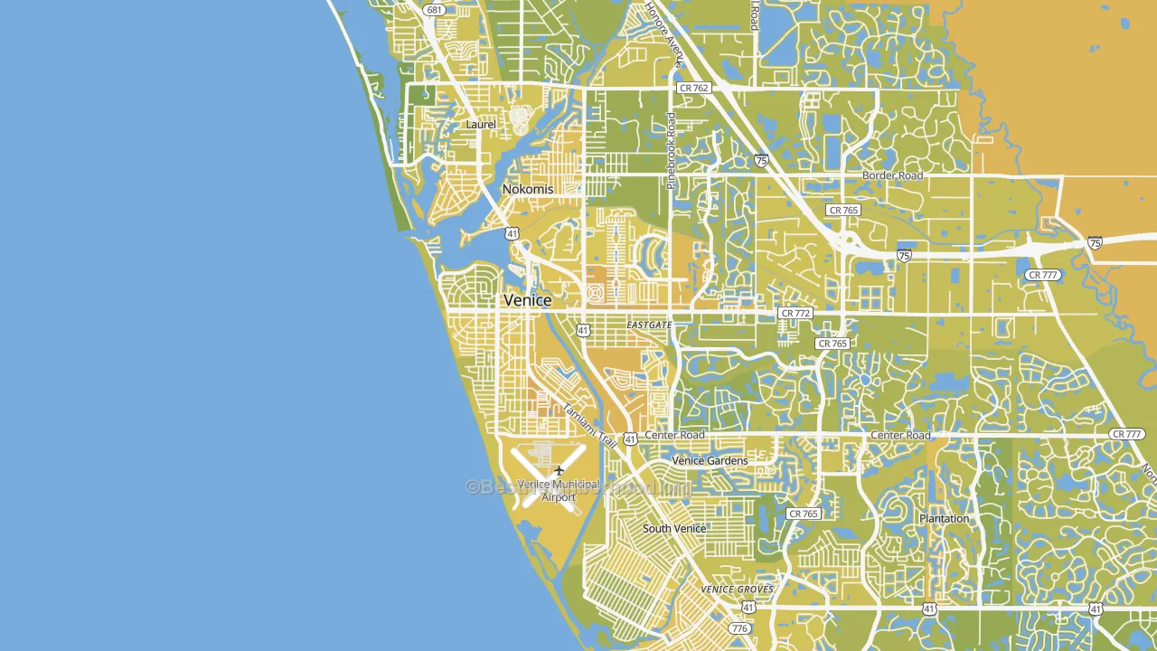 Map of the best neighborhoods in the 34285 area, with better matches in green and worse matches in red