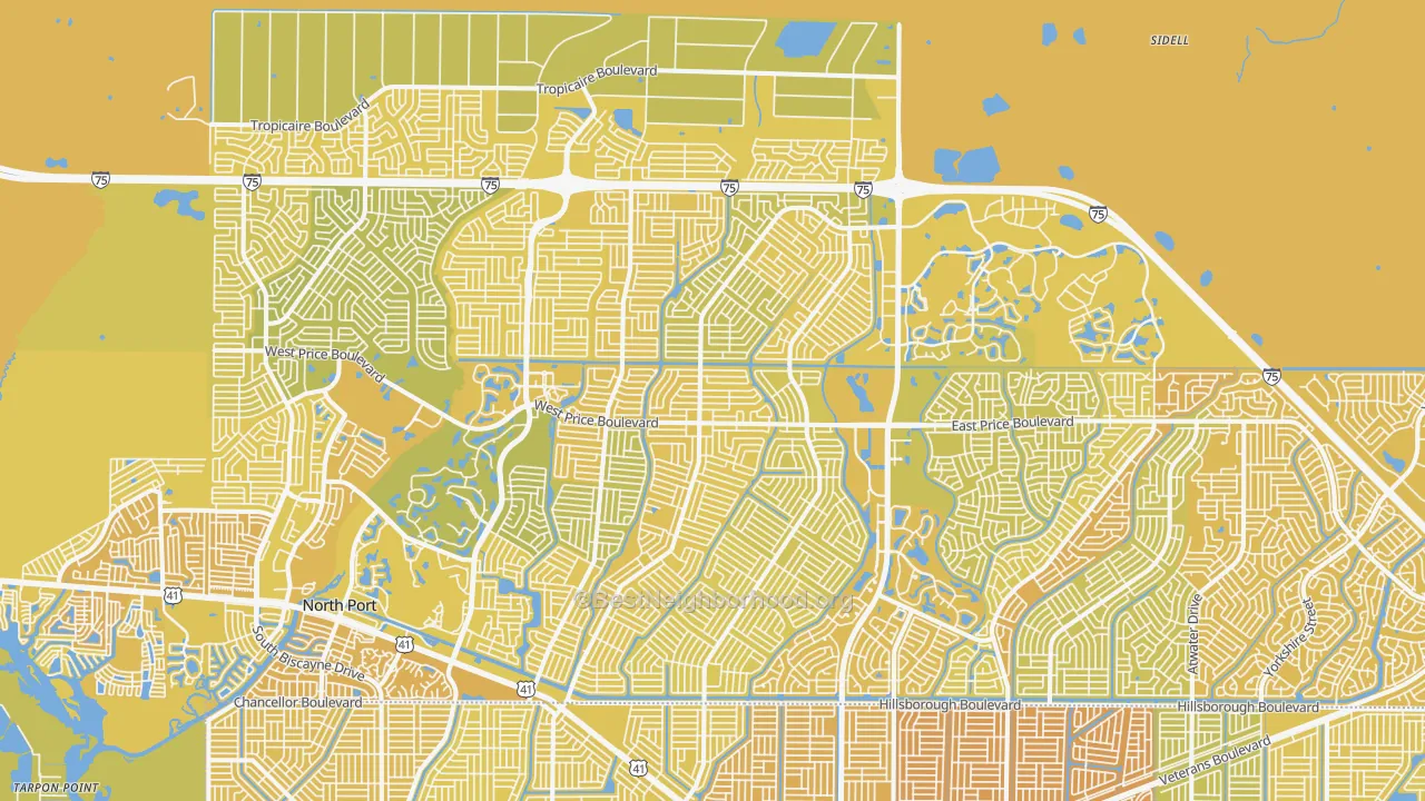 Map of the best neighborhoods in the 34286 area, with better matches in green and worse matches in red