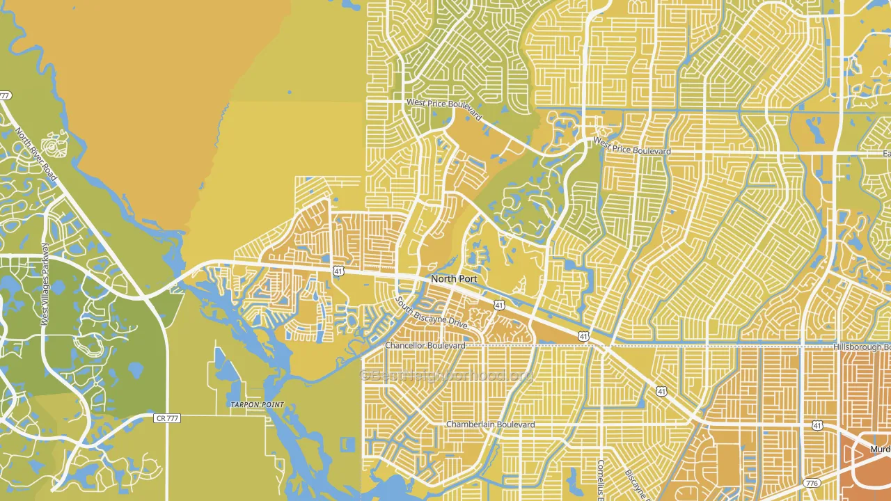 Map of the best neighborhoods in the 34287 area, with better matches in green and worse matches in red