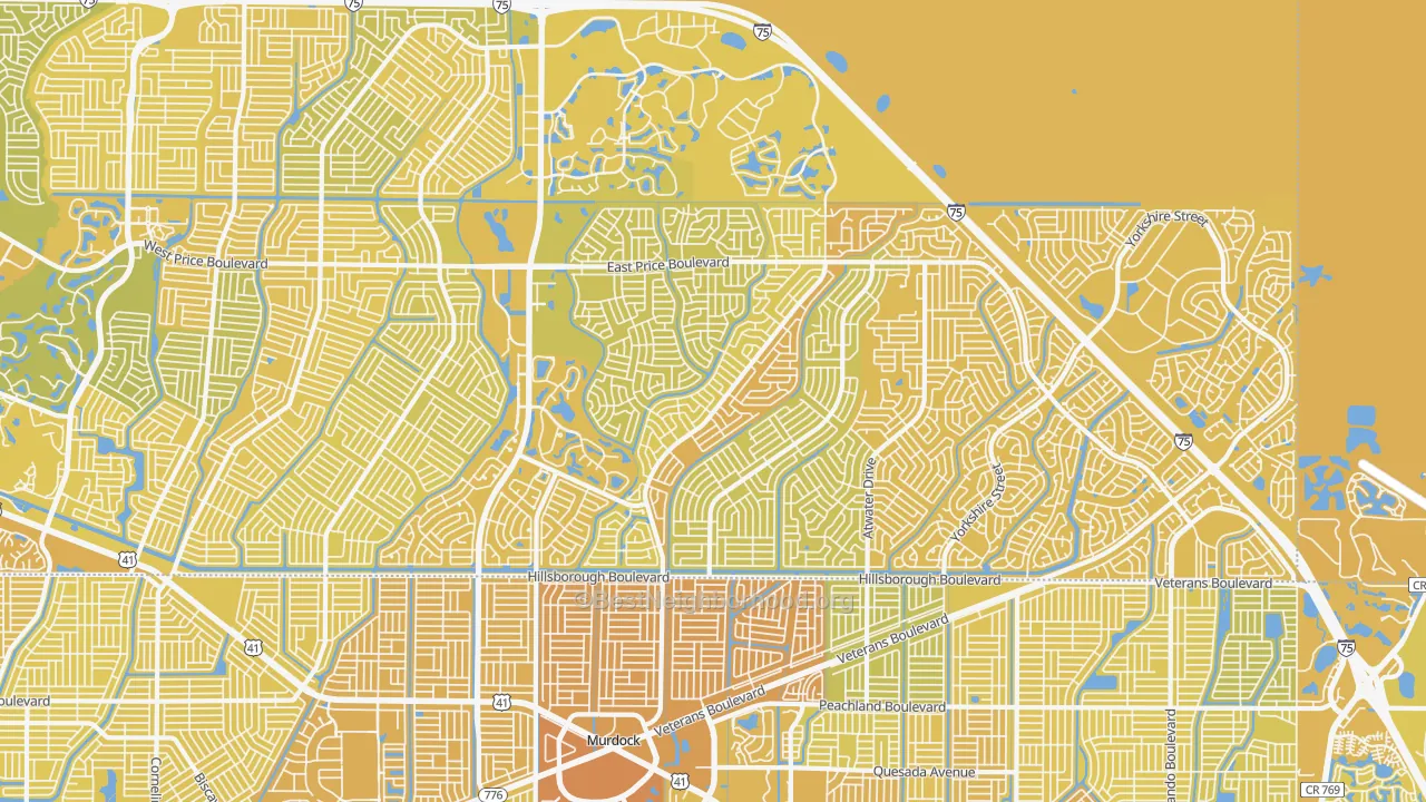 Map of the best neighborhoods in the 34288 area, with better matches in green and worse matches in red
