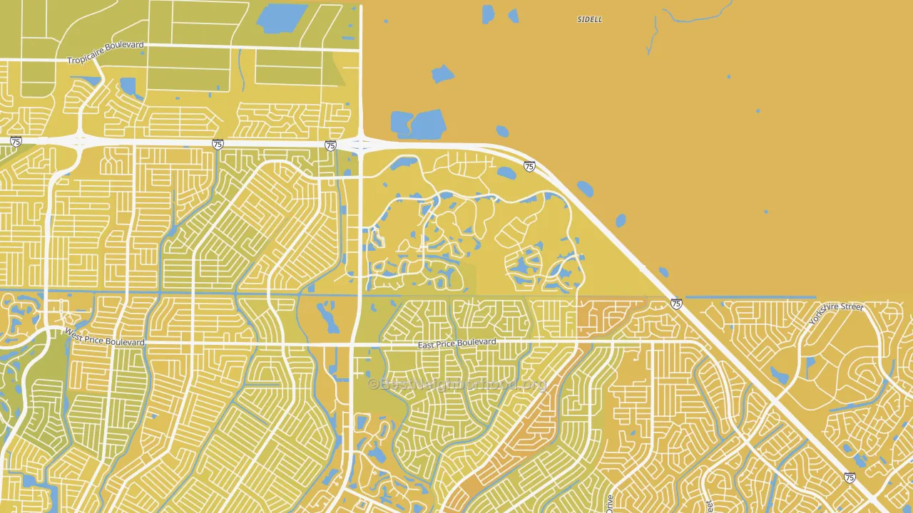 Map of the best neighborhoods in the 34289 area, with better matches in green and worse matches in red