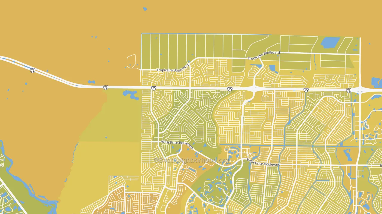 Map of the best neighborhoods in the 34291 area, with better matches in green and worse matches in red