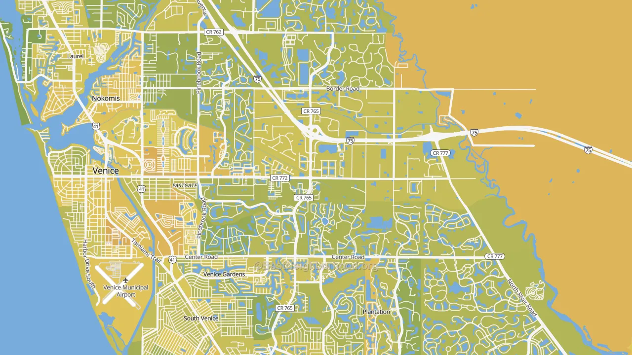 Map of the best neighborhoods in the 34292 area, with better matches in green and worse matches in red