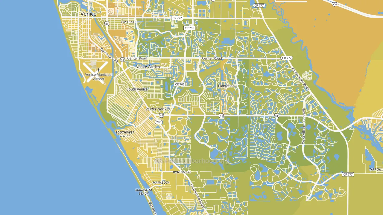 Map of the best neighborhoods in the 34293 area, with better matches in green and worse matches in red