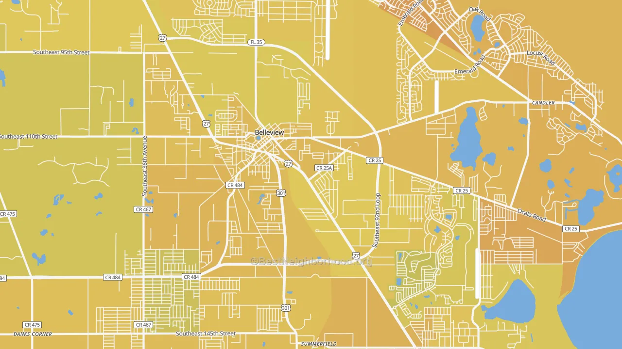Map of the best neighborhoods in the 34420 area, with better matches in green and worse matches in red