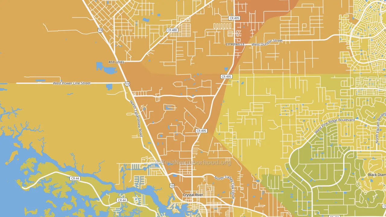 Map of the best neighborhoods in the 34428 area, with better matches in green and worse matches in red