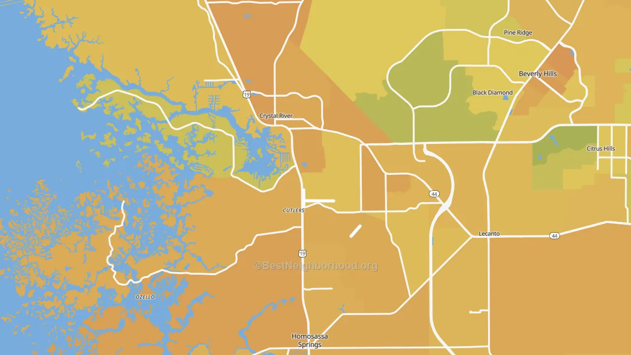 Map of the best neighborhoods in the 34429 area, with better matches in green and worse matches in red