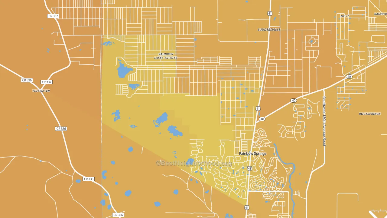 Map of the best neighborhoods in the 34431 area, with better matches in green and worse matches in red