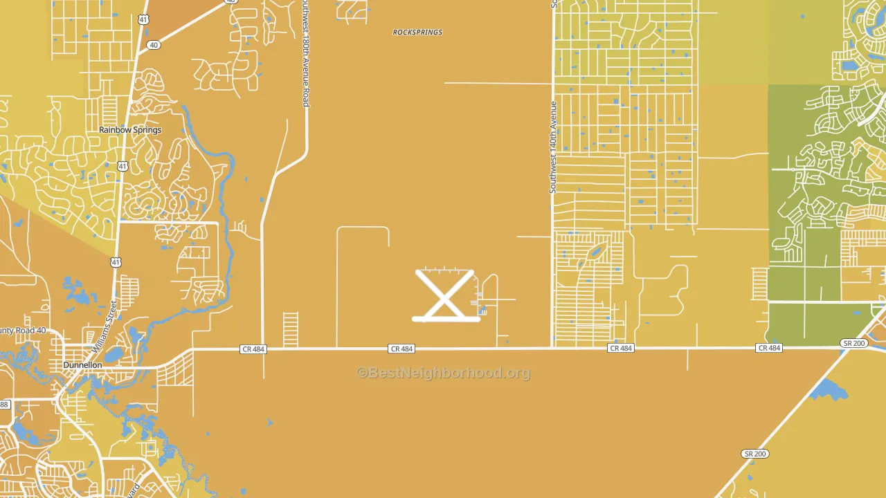 Map of the best neighborhoods in the 34432 area, with better matches in green and worse matches in red