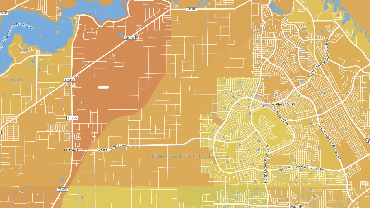 Map of the best neighborhoods in the 34433 area, with better matches in green and worse matches in red
