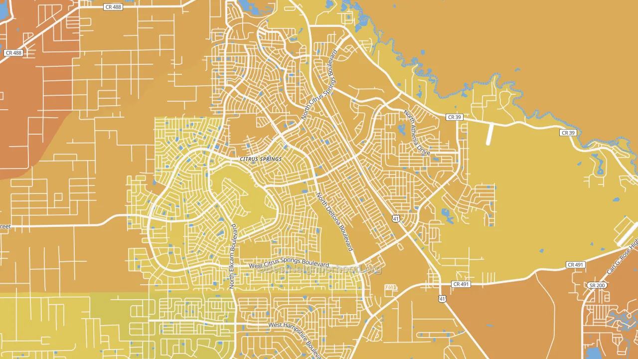 Map of the best neighborhoods in the 34434 area, with better matches in green and worse matches in red