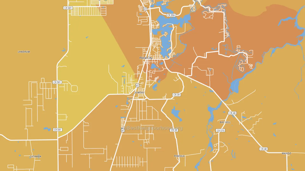 Map of the best neighborhoods in the 34436 area, with better matches in green and worse matches in red