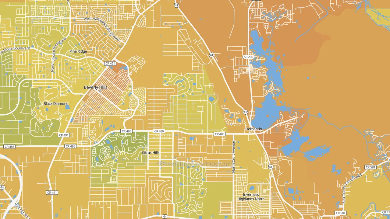 Map of the best neighborhoods in the 34442 area, with better matches in green and worse matches in red
