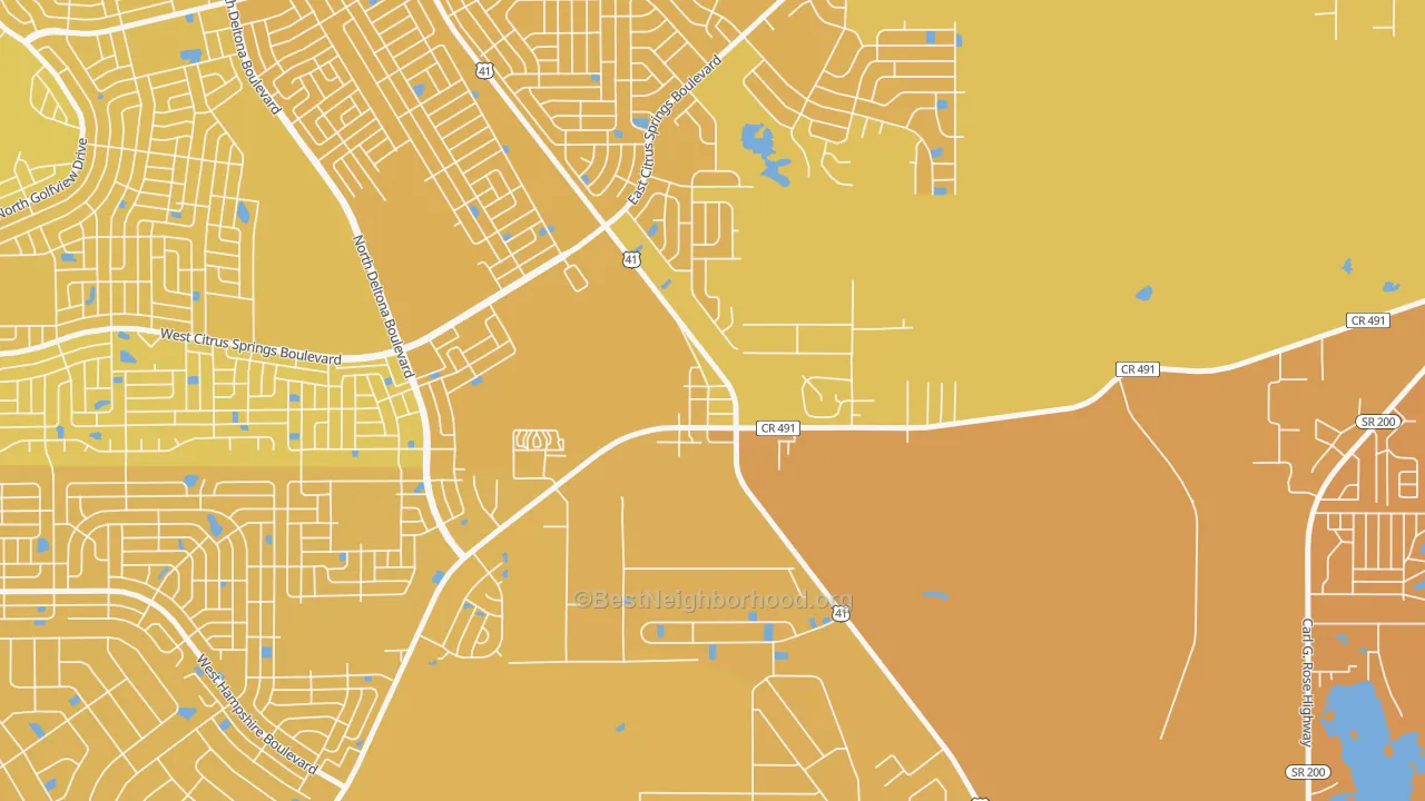 Map of the best neighborhoods in the 34445 area, with better matches in green and worse matches in red