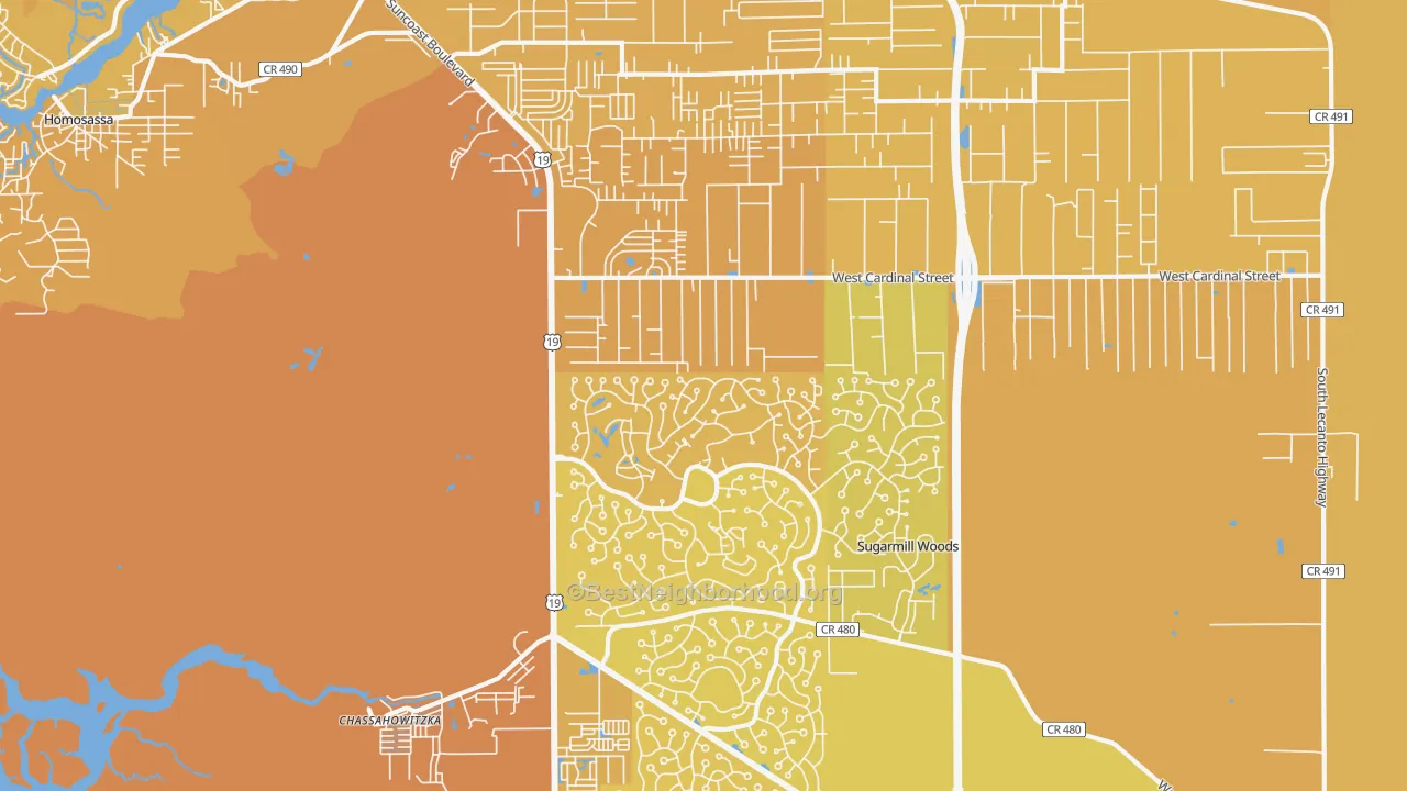 Map of the best neighborhoods in the 34446 area, with better matches in green and worse matches in red