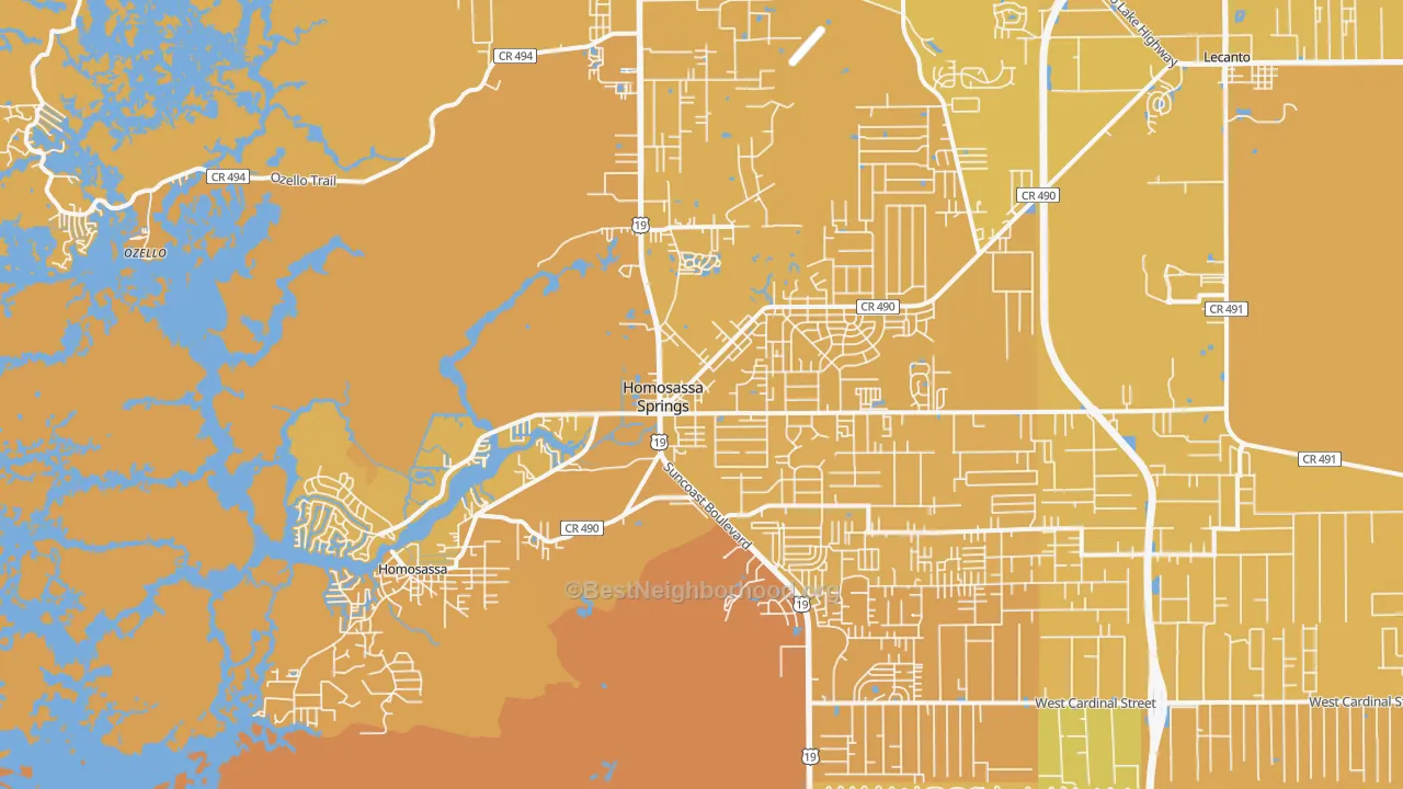 Map of the best neighborhoods in the 34448 area, with better matches in green and worse matches in red