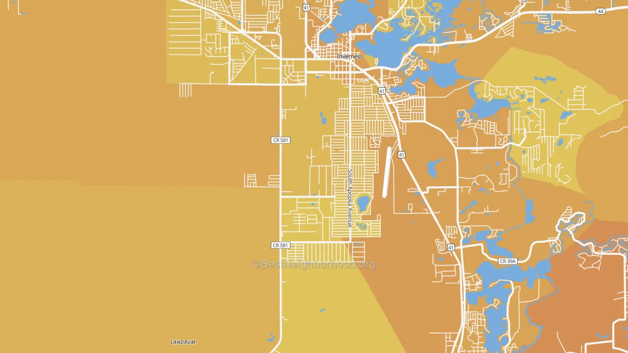Map of the best neighborhoods in the 34452 area, with better matches in green and worse matches in red