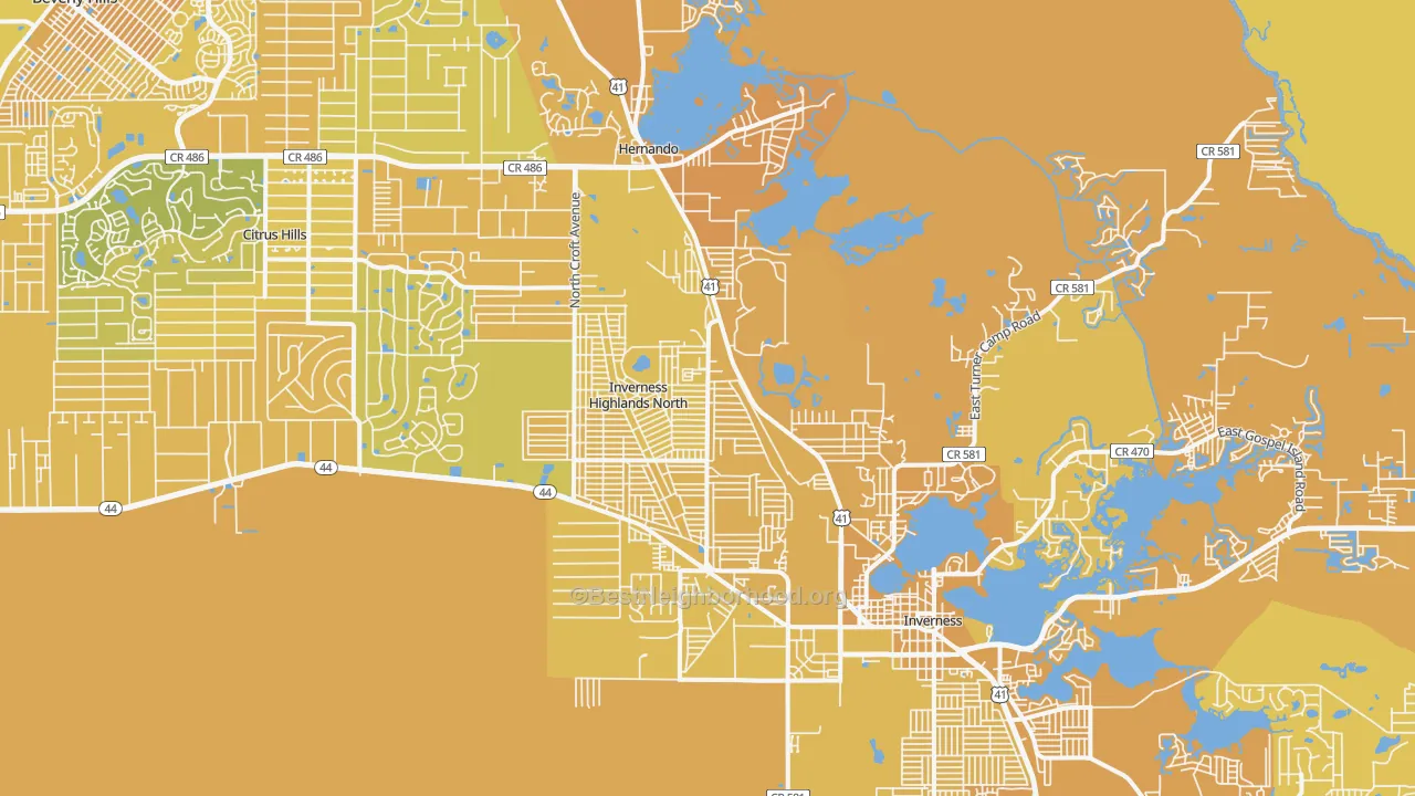 Map of the best neighborhoods in the 34453 area, with better matches in green and worse matches in red