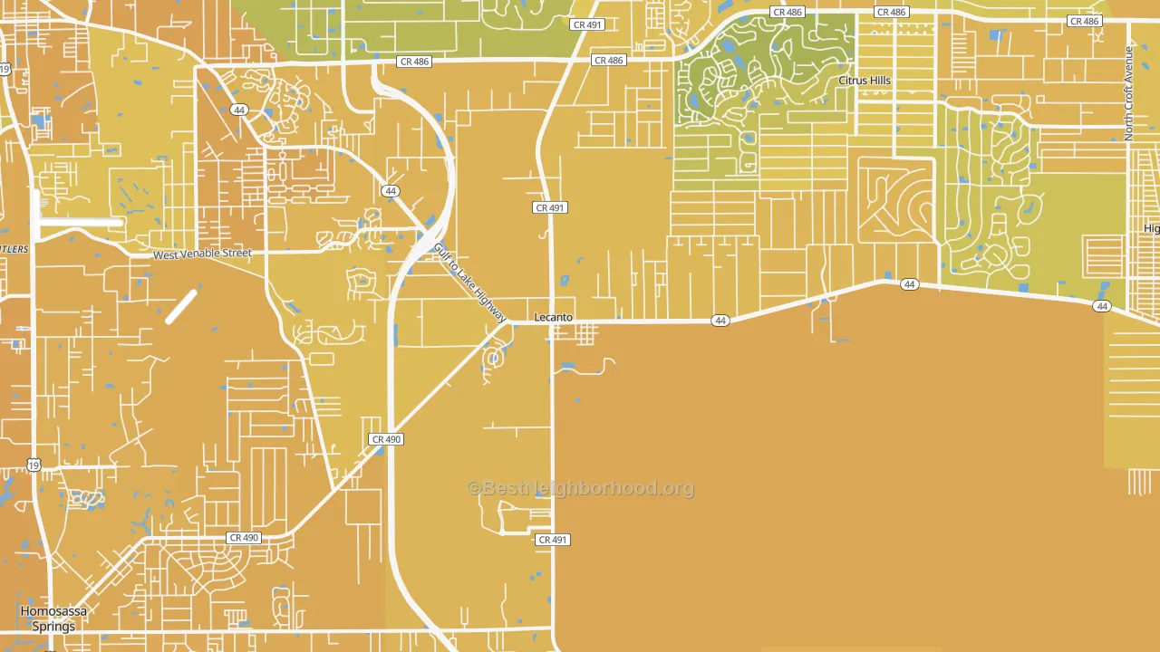 Map of the best neighborhoods in the 34461 area, with better matches in green and worse matches in red