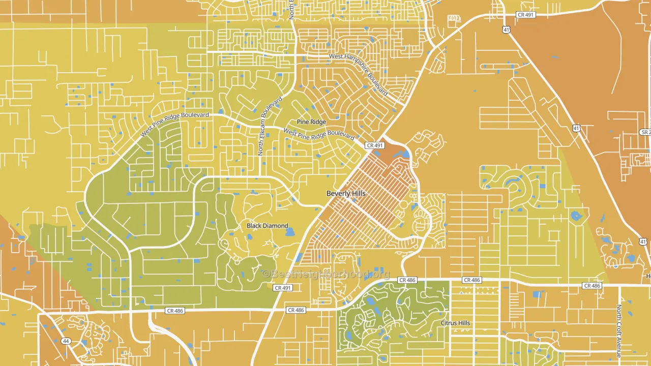 Map of the best neighborhoods in the 34465 area, with better matches in green and worse matches in red