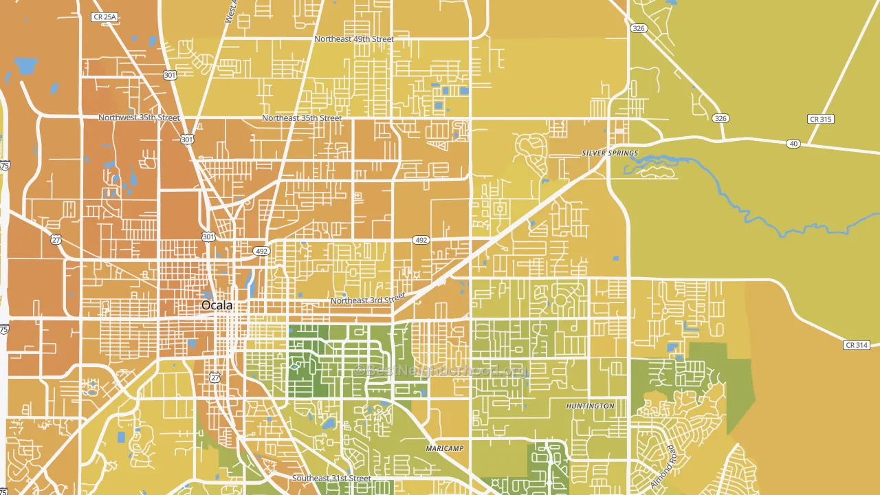 Map of the best neighborhoods in the 34470 area, with better matches in green and worse matches in red