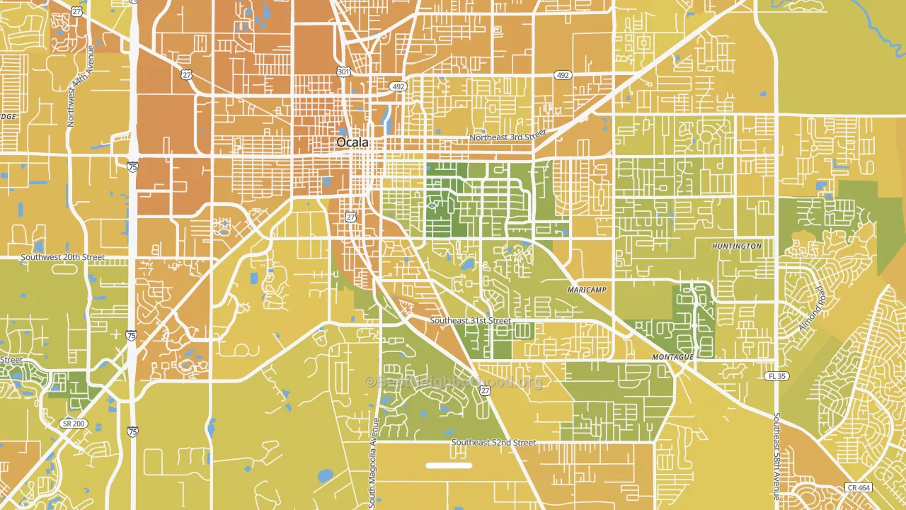 Map of the best neighborhoods in the 34471 area, with better matches in green and worse matches in red