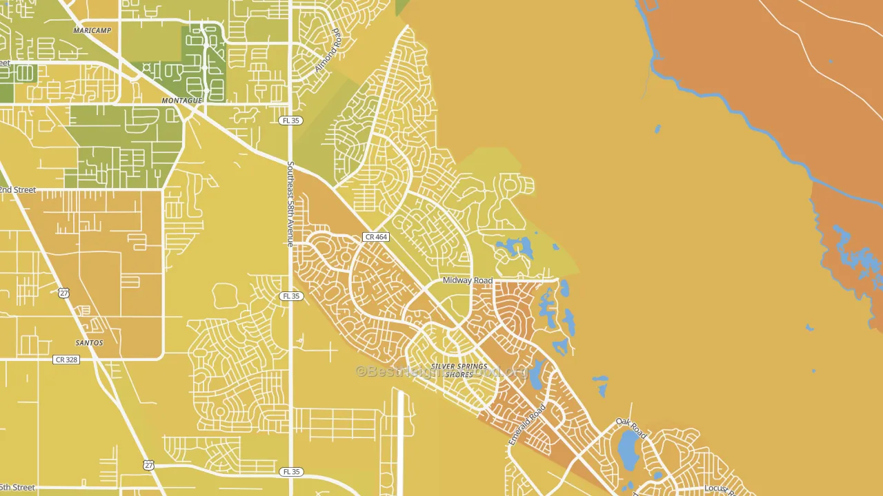 Map of the best neighborhoods in the 34472 area, with better matches in green and worse matches in red
