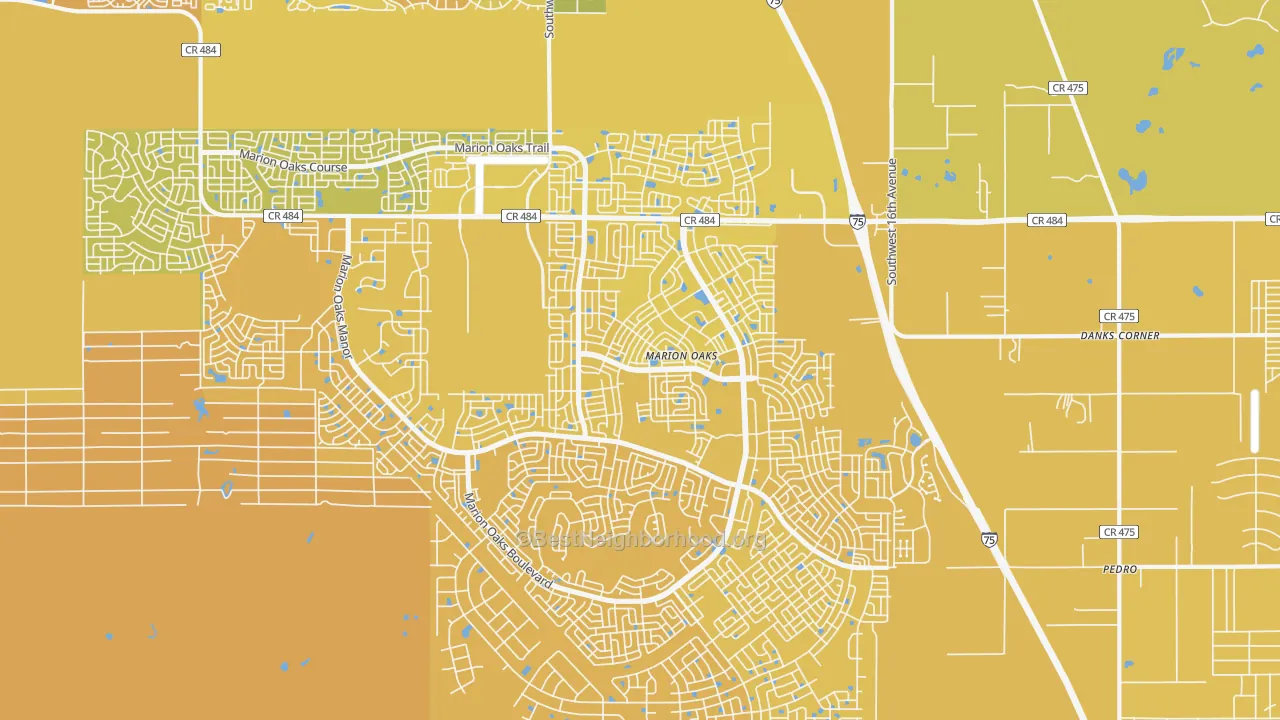 Map of the best neighborhoods in the 34473 area, with better matches in green and worse matches in red