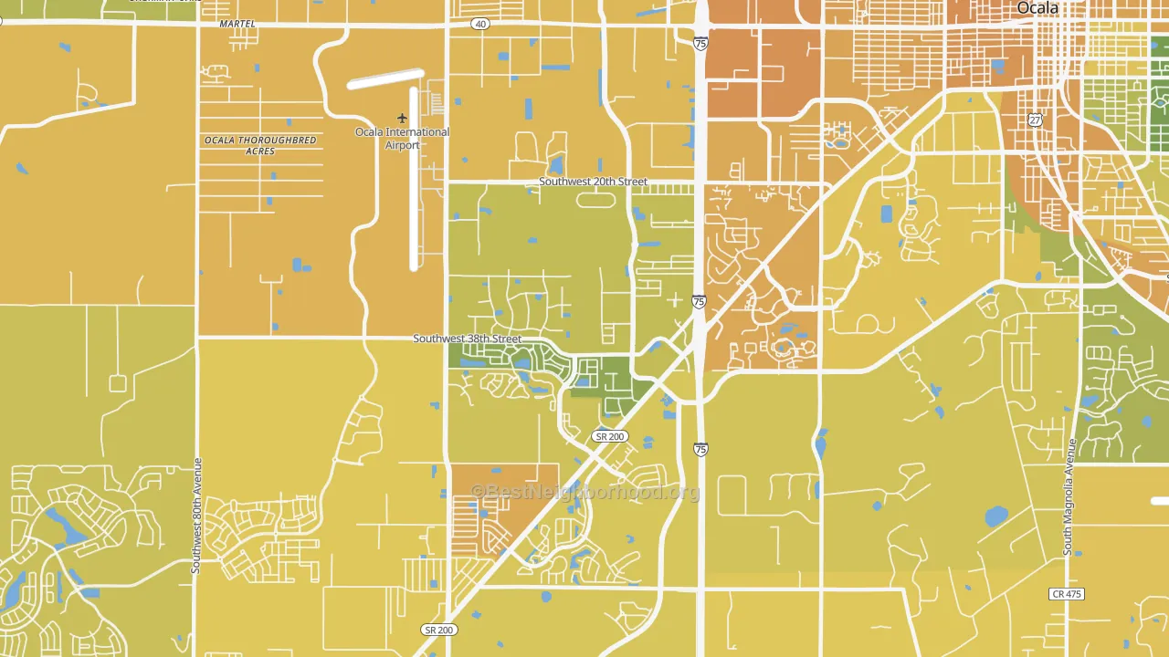 Map of the best neighborhoods in the 34474 area, with better matches in green and worse matches in red