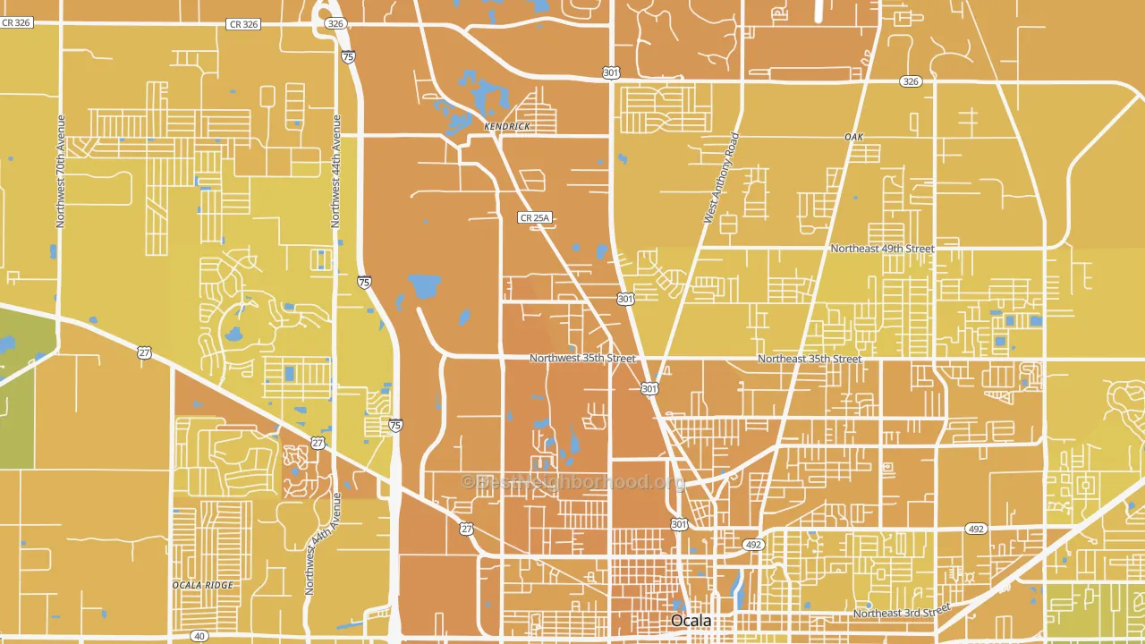Map of the best neighborhoods in the 34475 area, with better matches in green and worse matches in red