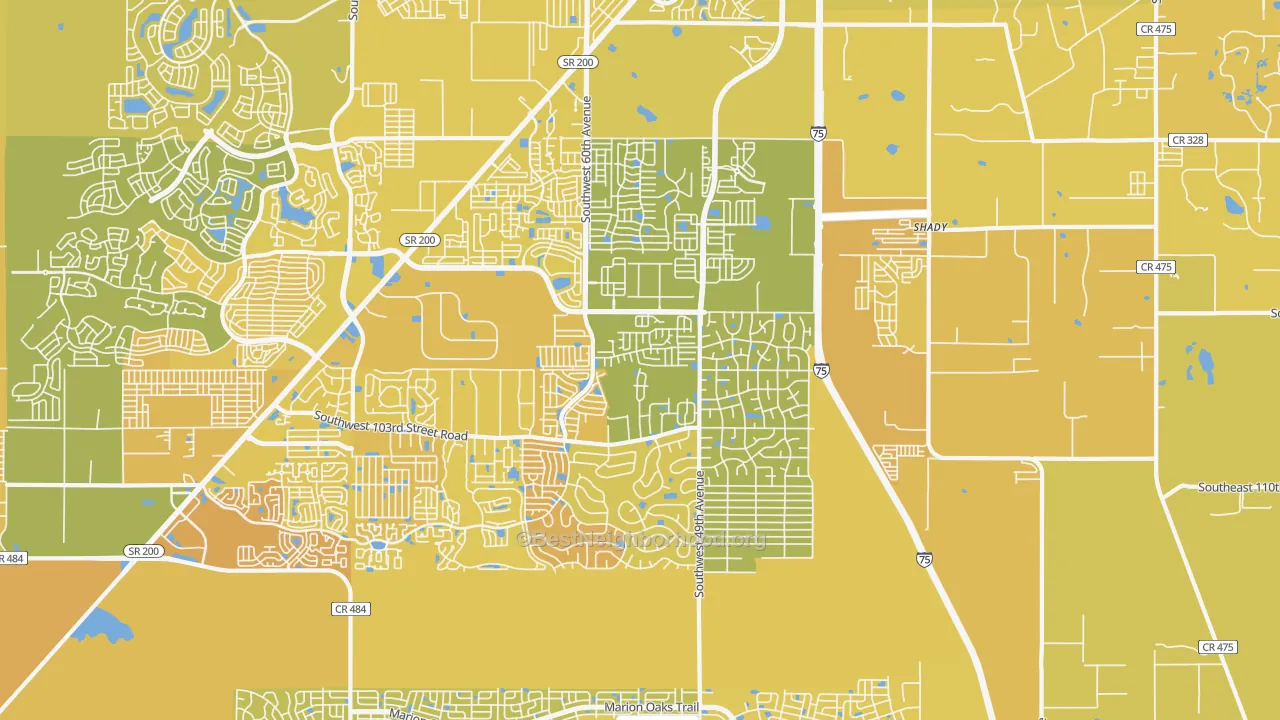 Map of the best neighborhoods in the 34476 area, with better matches in green and worse matches in red