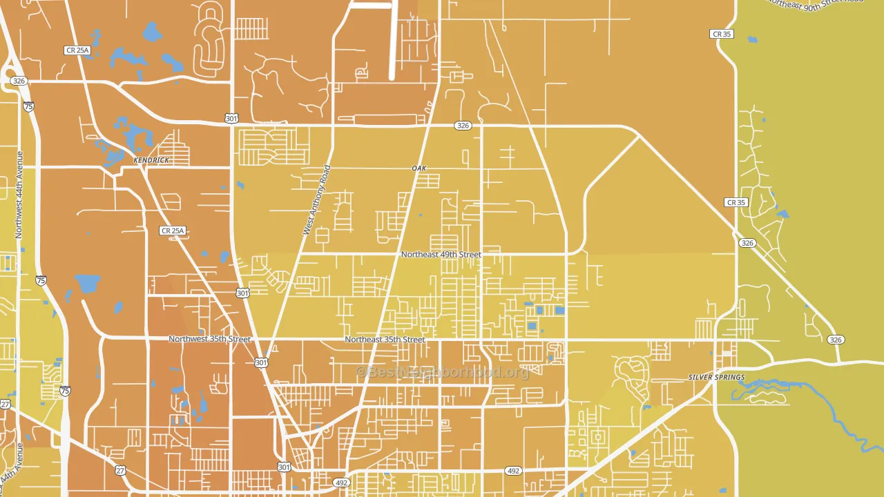 Map of the best neighborhoods in the 34479 area, with better matches in green and worse matches in red
