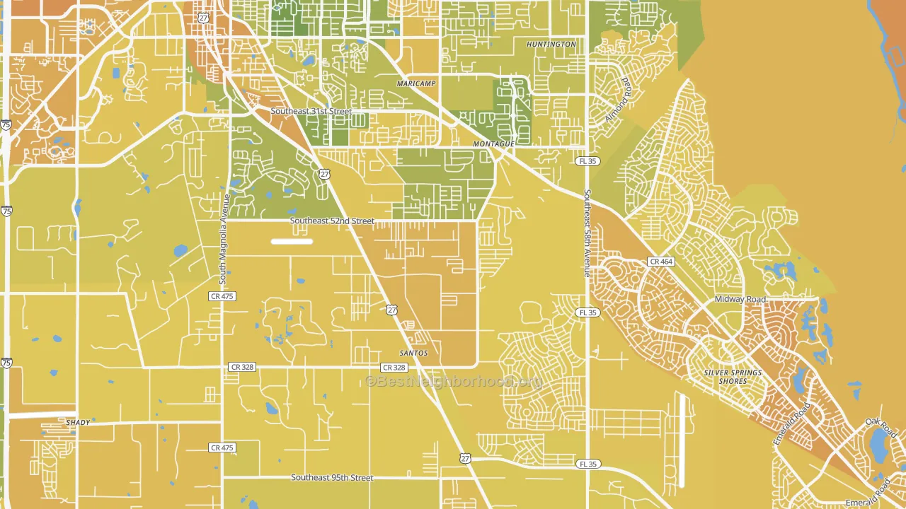Map of the best neighborhoods in the 34480 area, with better matches in green and worse matches in red