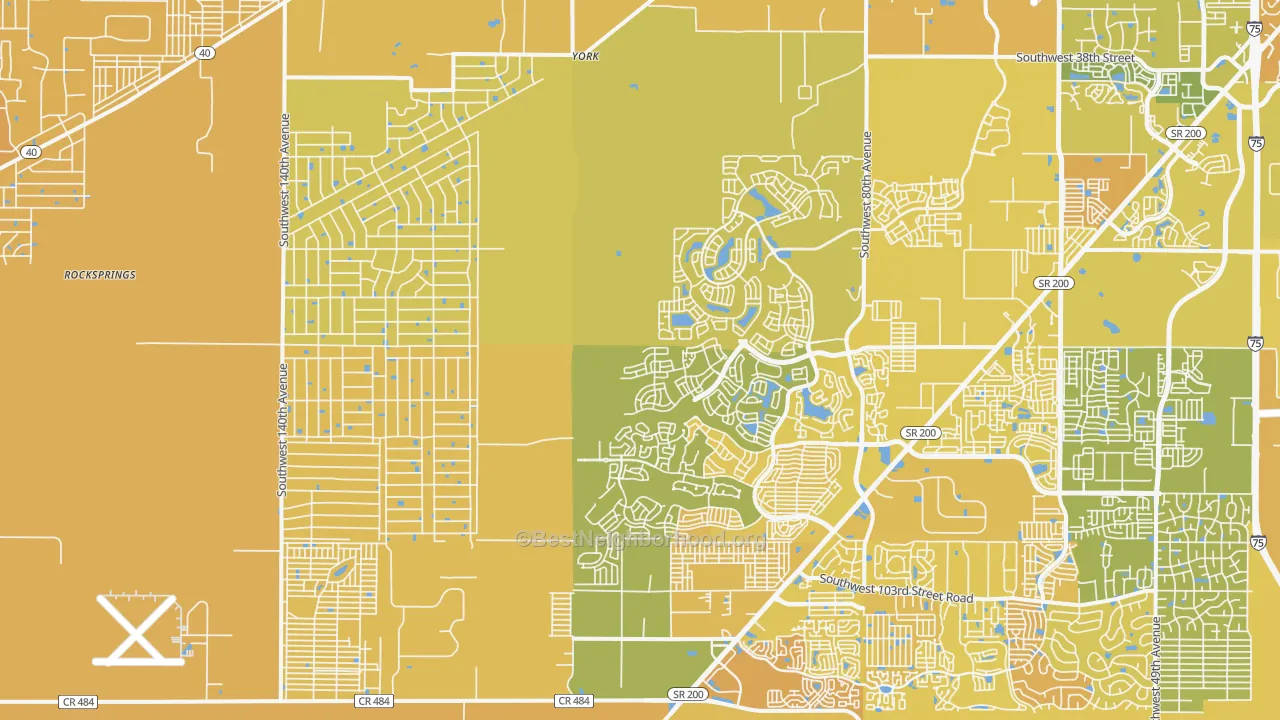 Map of the best neighborhoods in the 34481 area, with better matches in green and worse matches in red