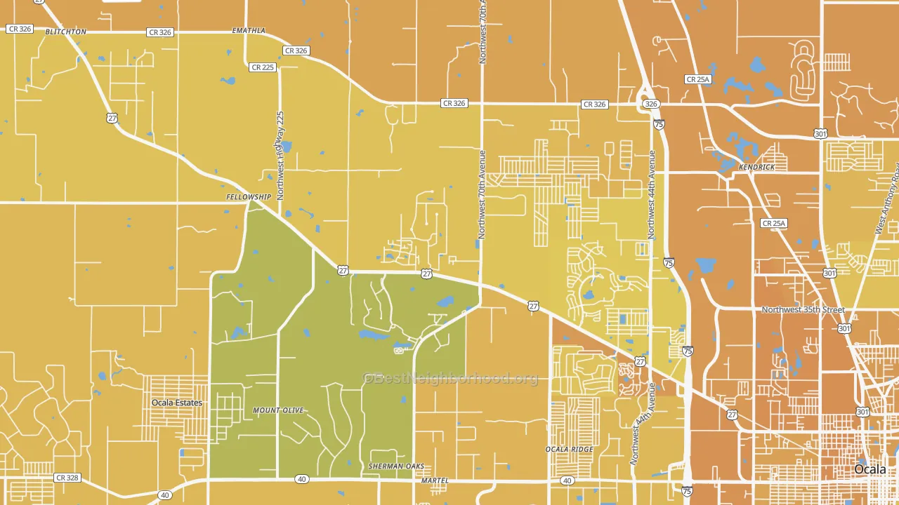 Map of the best neighborhoods in the 34482 area, with better matches in green and worse matches in red