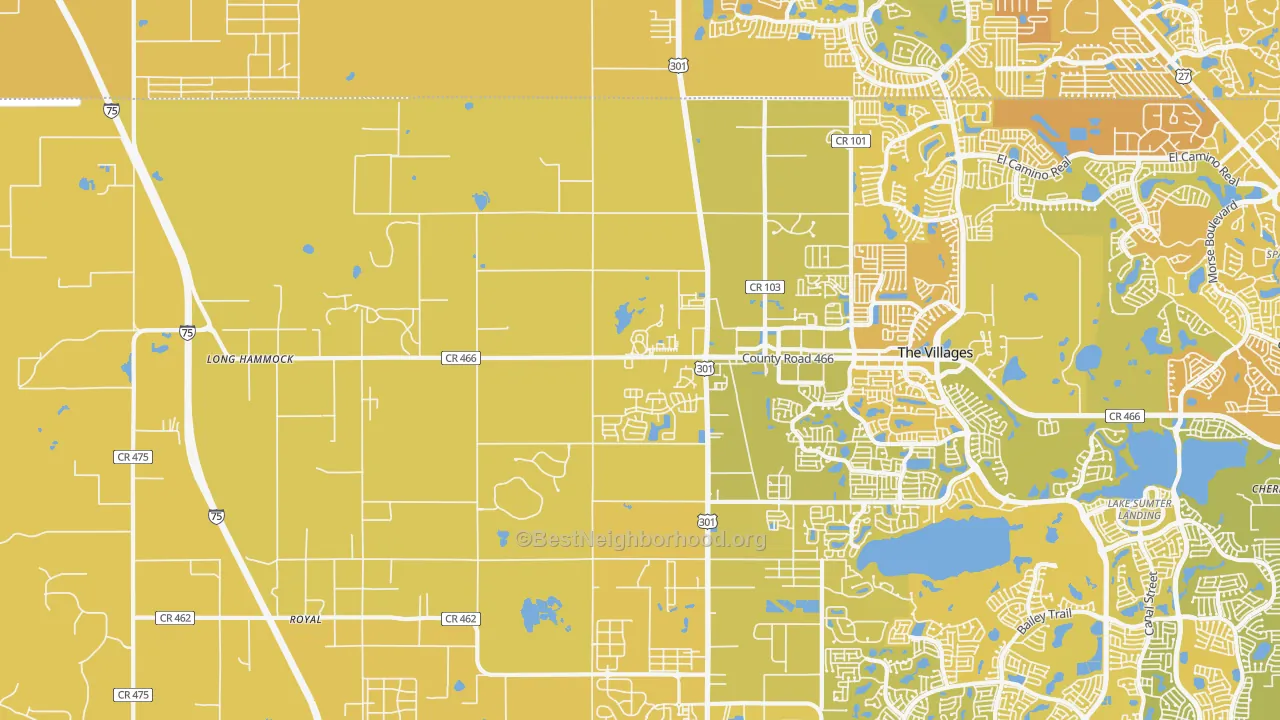 Map of the best neighborhoods in the 34484 area, with better matches in green and worse matches in red