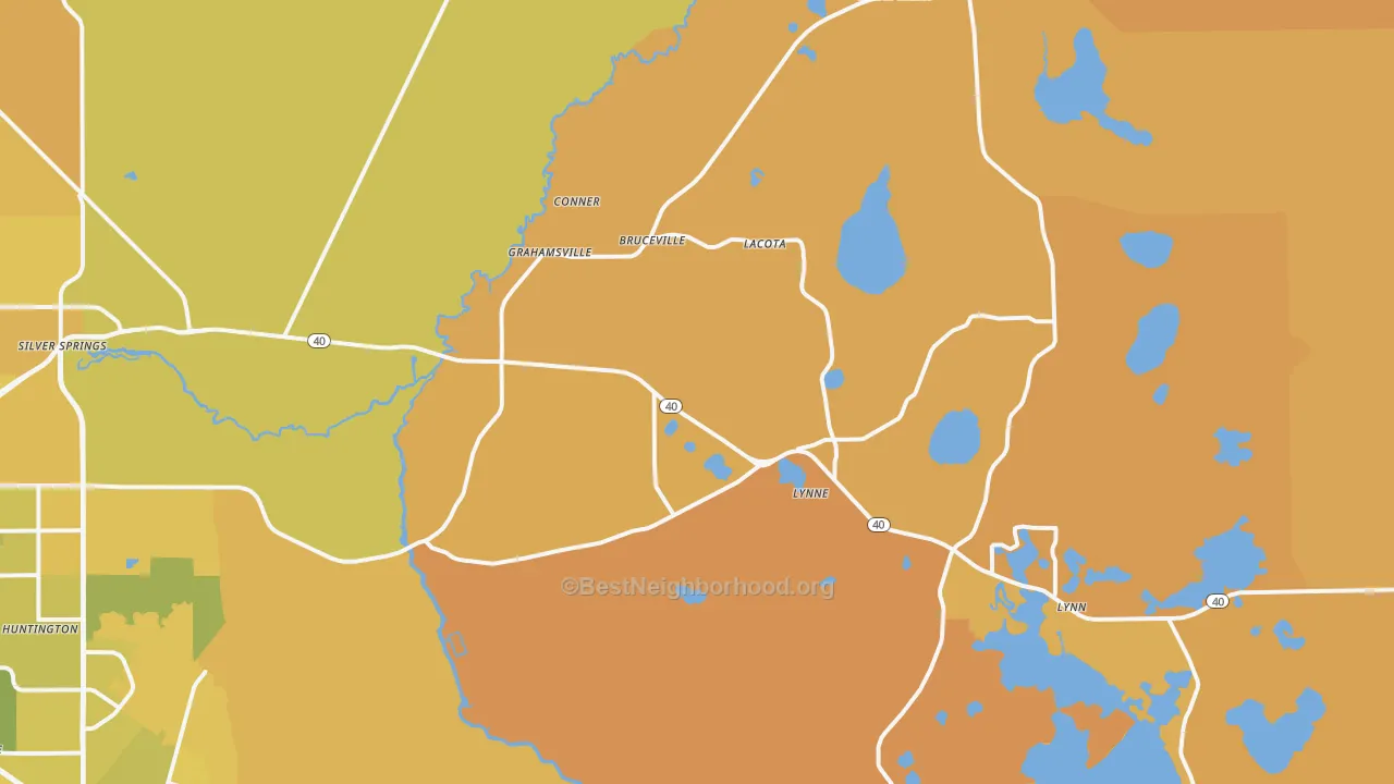 Map of the best neighborhoods in the 34488 area, with better matches in green and worse matches in red