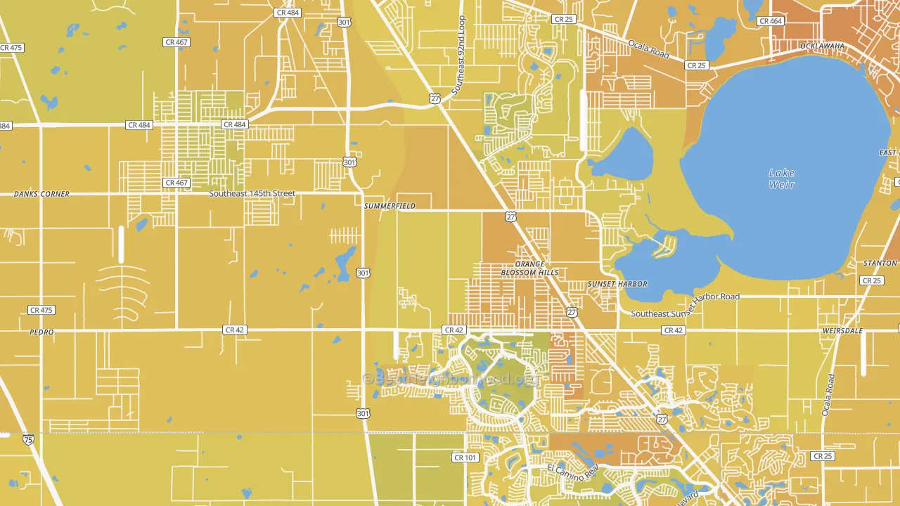 Map of the best neighborhoods in the 34491 area, with better matches in green and worse matches in red